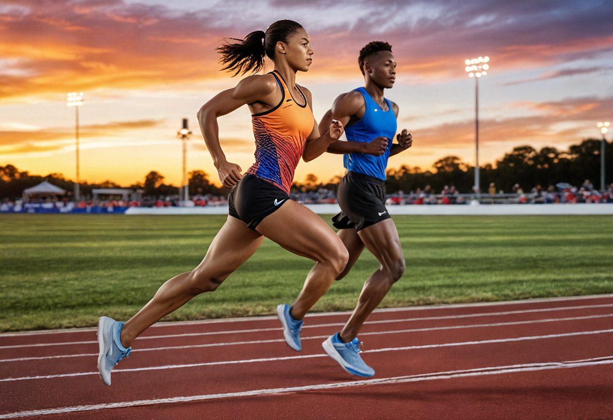 A dynamic athlete sprinting on a track, wearing stylish Saucony running shoes and high-performance apparel, with a blurred motion effect to emphasize speed. In the background, a vibrant sunrise casts a warm glow over a well-maintained athletic field. Include details like a water bottle and a sports watch on the athlete's wrist for added realism. Bright, energetic colors to evoke an inspiring atmosphere. super-realistic. vibrant colors.