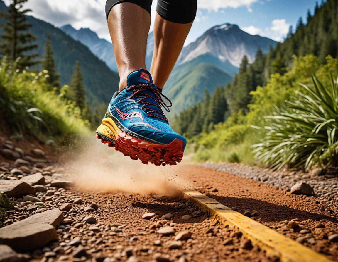 A dynamic athlete transitioning from running on a slick track to a rugged trail, showcasing Saucony gear with vibrant colors. The scene captures the contrast between smooth surfaces and natural terrain, with mountains in the background and trees lining the trail. Include a close-up of the footwear for detail, emphasizing performance. The atmosphere is energetic, highlighting determination and adventure. super-realistic. vibrant colors. dynamic composition.